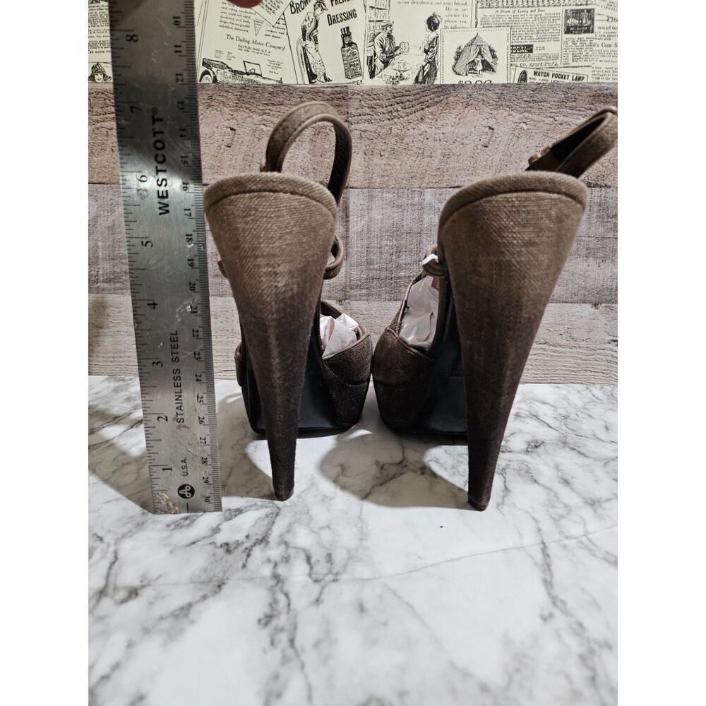 Burberry Wood Linen Leather Platform Heels 9 EU 40 - Picture 5 of 6